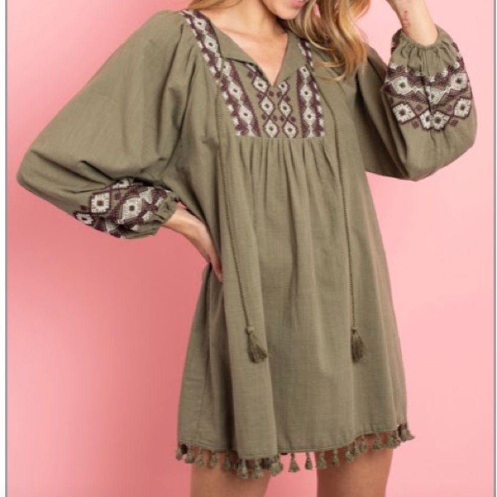Olive Color, Embroidered Mini Dress/Tunic - Picture 2 of 4